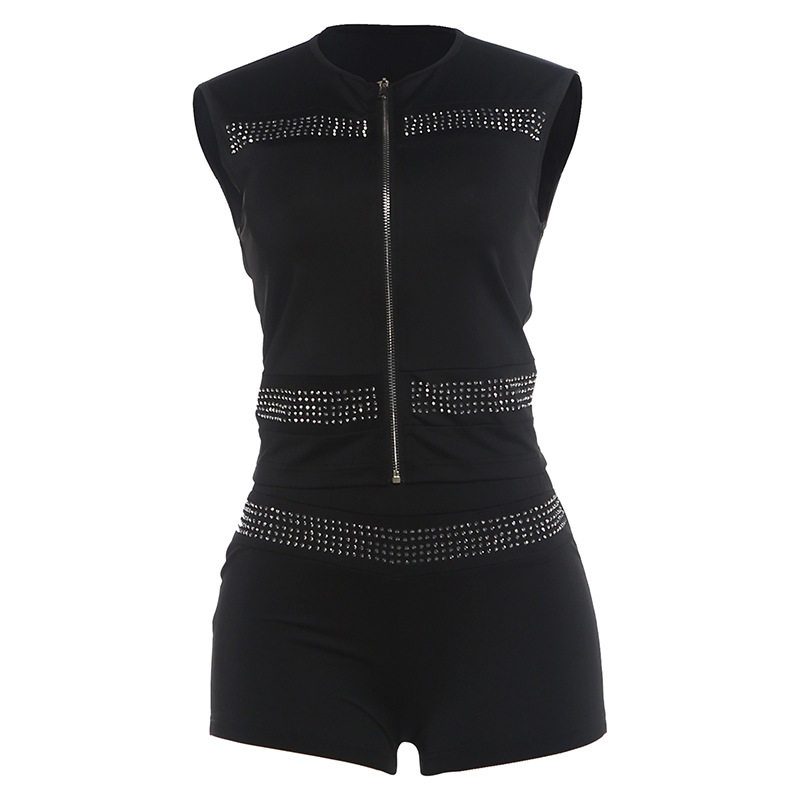 Womens Summer Fashion Set Sleeveless Zip Top with Rhinestones Fitted Shorts Trendy Casual Wear Wholesale Available