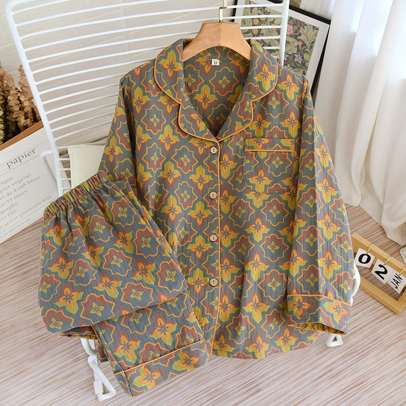 翻领双层纱布睡衣女春夏秋薄款长袖长裤套装开衫家居服二件套外穿