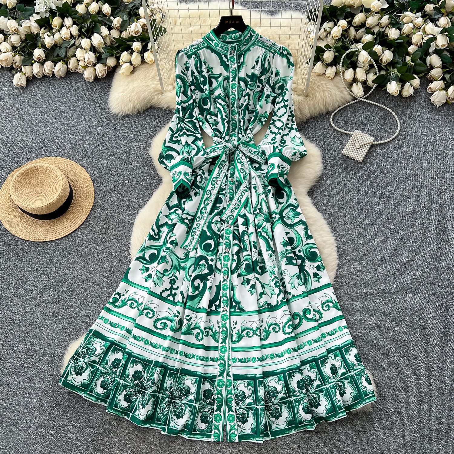Vintage Floral Maxi Dress for Women Lantern Sleeves Stand Collar Button Closure Waist Tie Elegant Summer Style