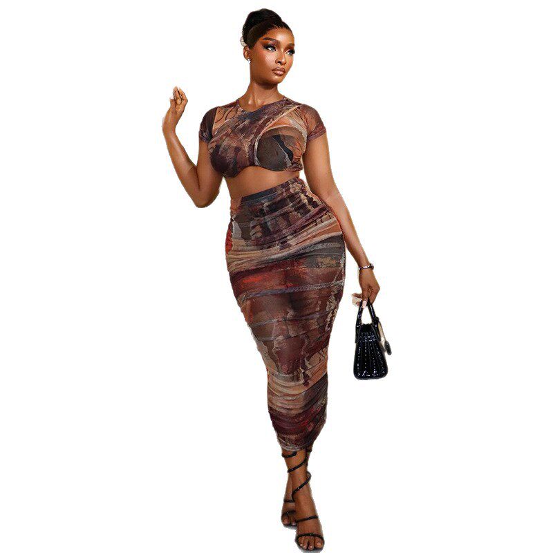 Casual Color Block Printed Dress Set for Women Short Sleeve Round Neck Bodycon Fit Trendy Summer Outfit Wholesale