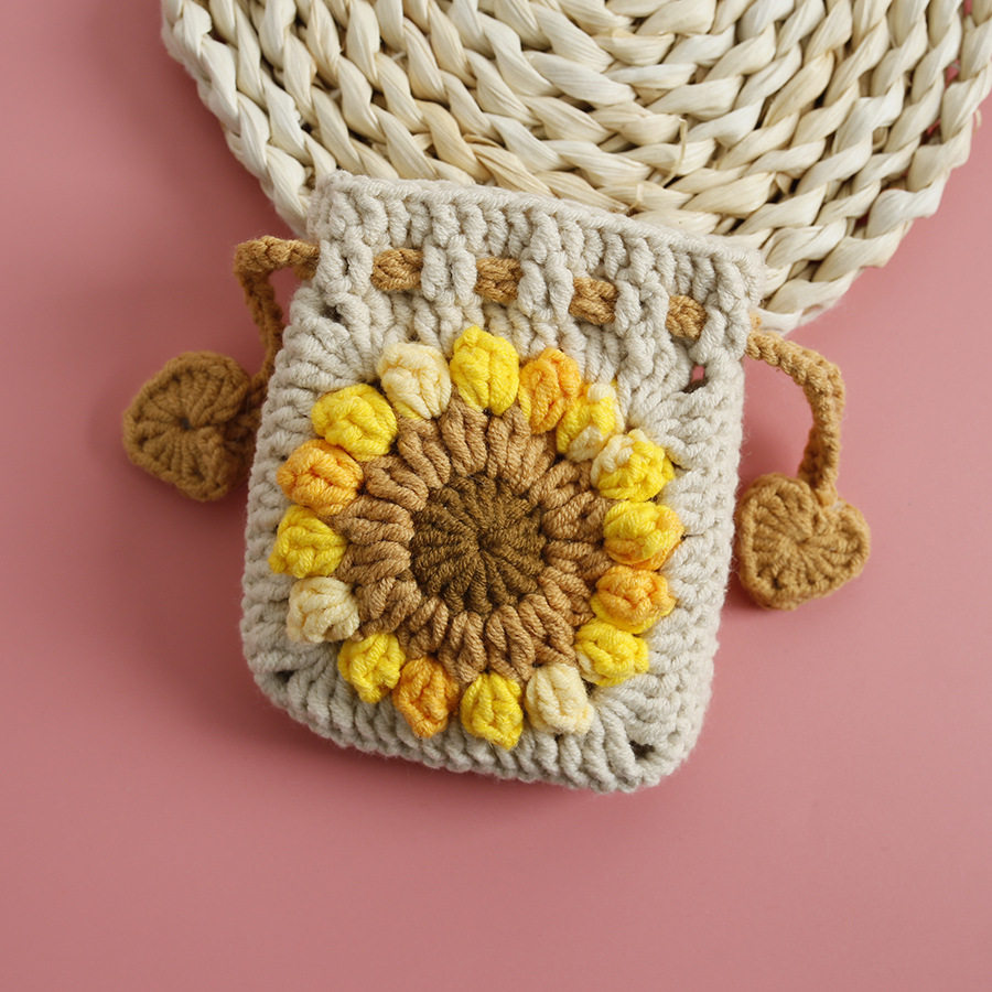 Sweet sunflower hand-woven mini drawstring bag snow five wool crocheted earphone case sunflower coin purse