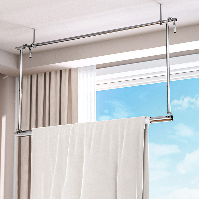 Clothes Drying Rack for Home Balcony, No-Drill Telescopic Clothes Rod, Adjustable Clothes Hanger, Stainless Steel Quilt Drying Tool