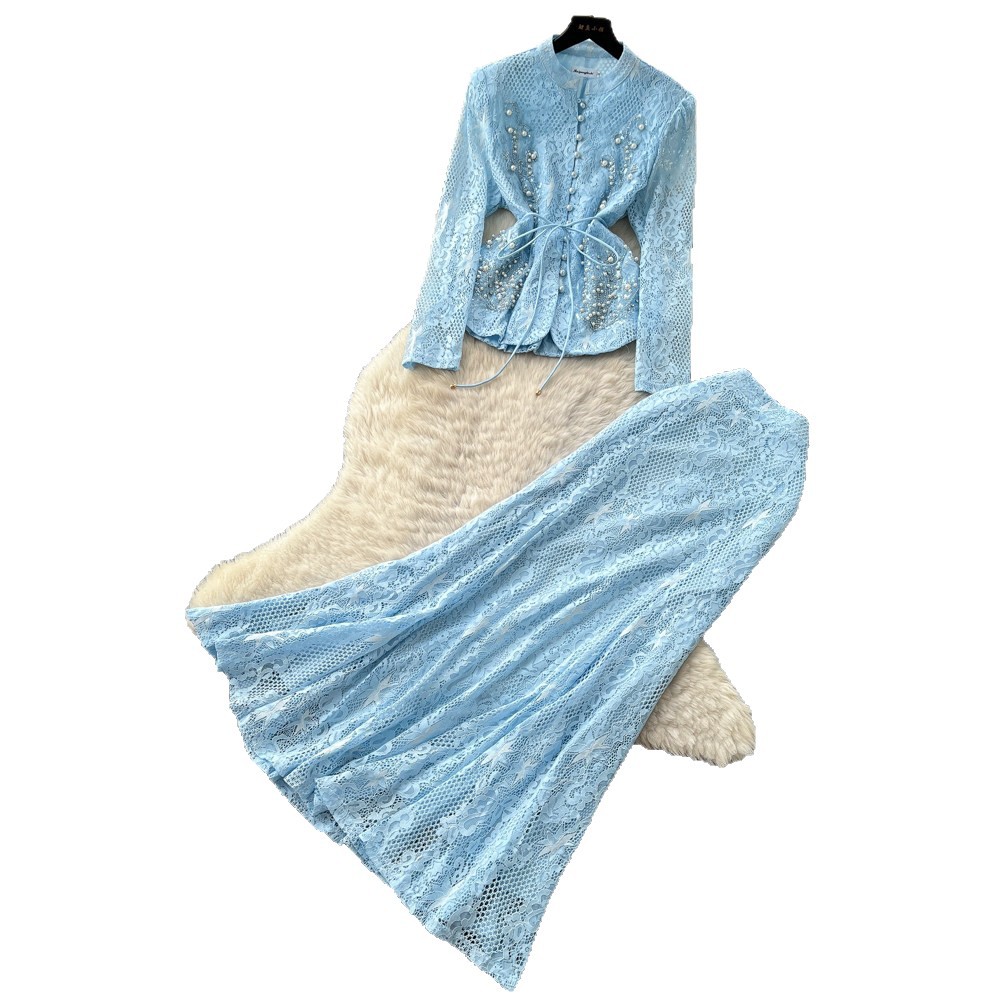 French Style Two Piece Set Beaded V Neck Lace Detail Slim Fit Summer Office Wear for Elegant Women Wholesale