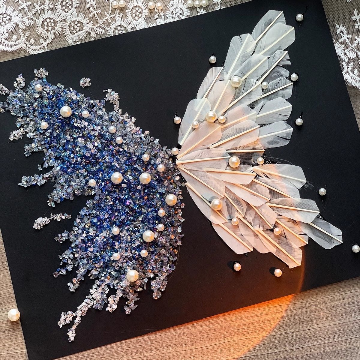 Ice Blue Crystal Feather Butterfly Photo Frame DIY Handmade Material Package Desktop Table Photo Frame Chinese Valentine's Day Gift
