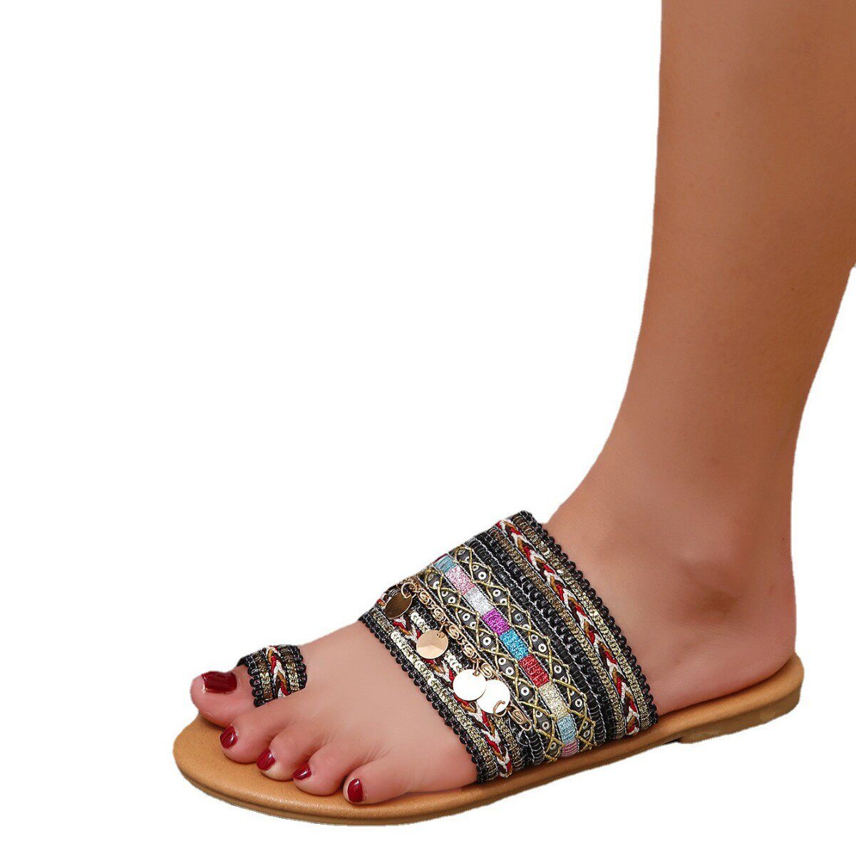 Wish Independent Station New Large Size 43 Copper Beach Sandals Women's Summer Ethnic Style Slip-On Flats Colorfulful Slippers