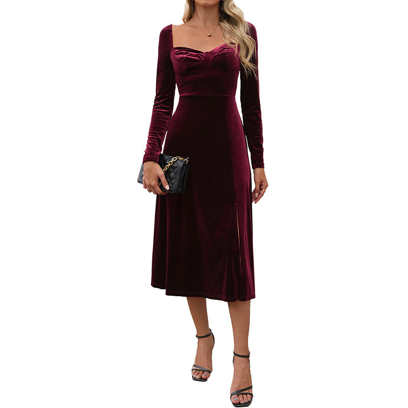 Vintage Style Velvet Evening Dress Solid Color Square Neck High Slit Perfect for Dates and Special Occasions