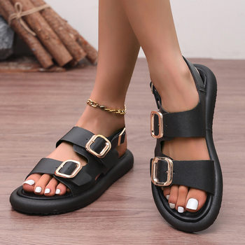 Cross-Border New Thick-Soled Large Size Women's Shoes Double Buckle Sandals Women's Retro Belt Buckle Sandals Fashion Flat Heel Roman Beach