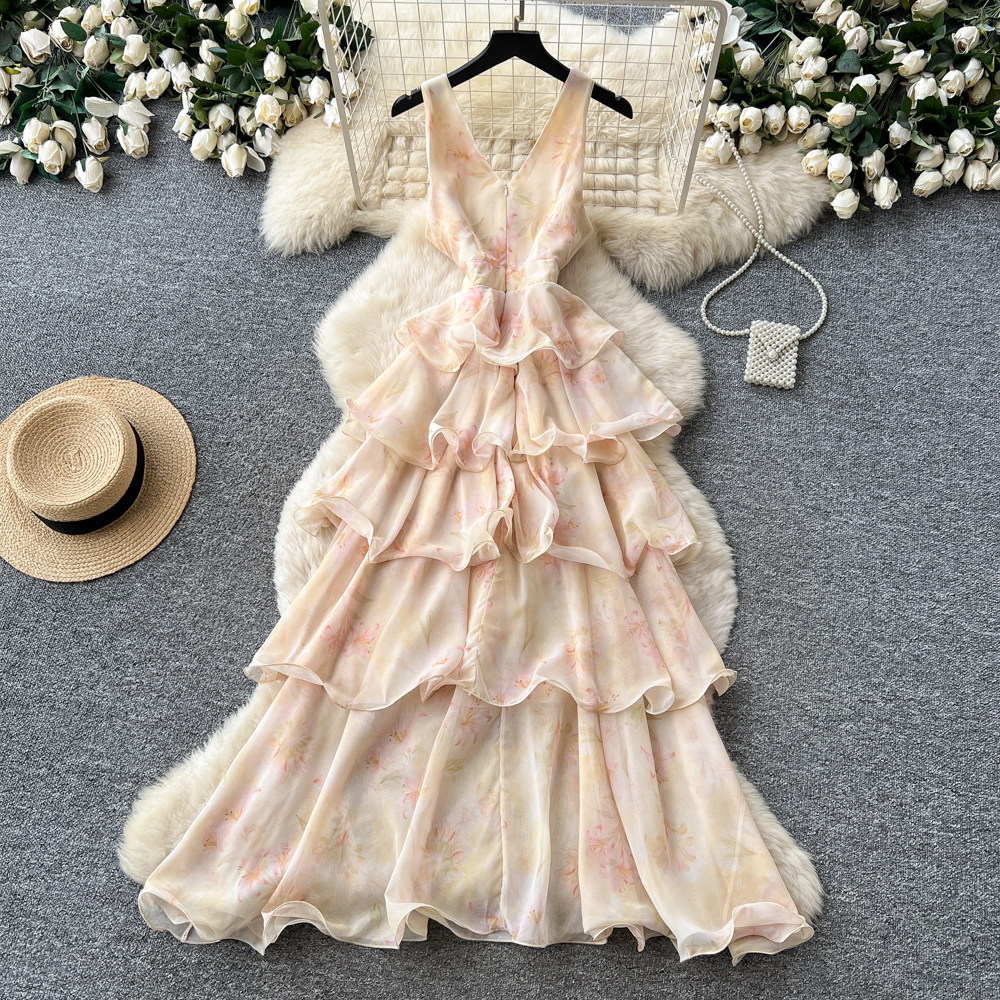 Floral Print V Neck Halter Dress Sleeveless Ruffle Hem Slim Fit Summer Casual Wear Wholesale Available