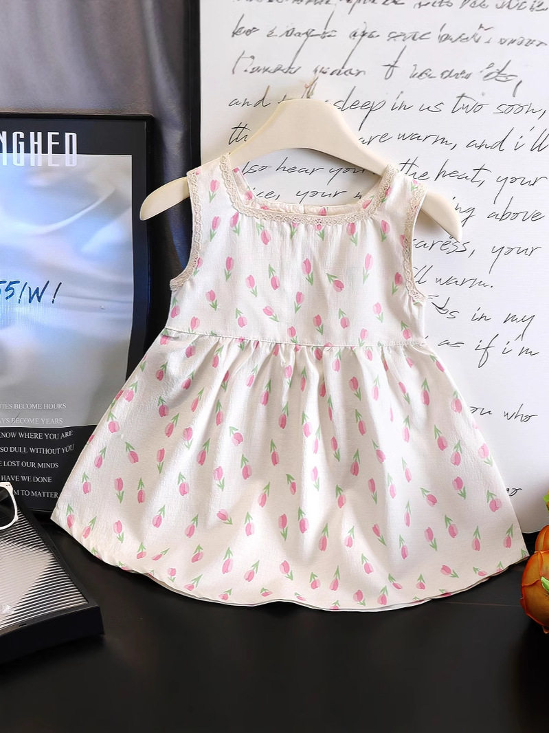 Gaun putri motif bunga penuh anak perempuan baru musim panas, gaya liburan manis, gaun tali