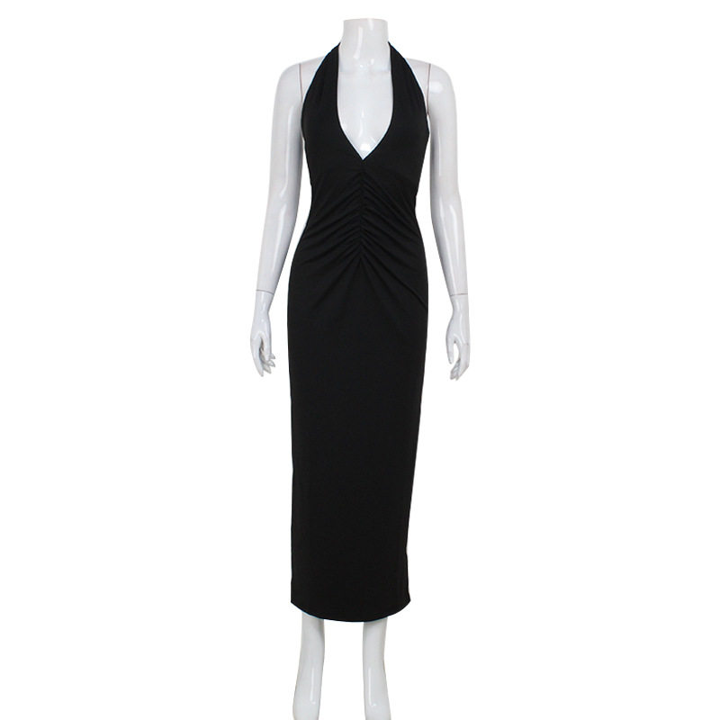 Womens Summer Elegant V Neck Halter Dress Slim Fit Solid Color Backless Design Perfect for Parties and Special