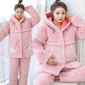 Pregnant Women's Pajamas Autumn and Winter Three-Layer Cotton Thickened Fleece Coral Fleece Winter Moon Clothing Postpartum Breast-feeding Set