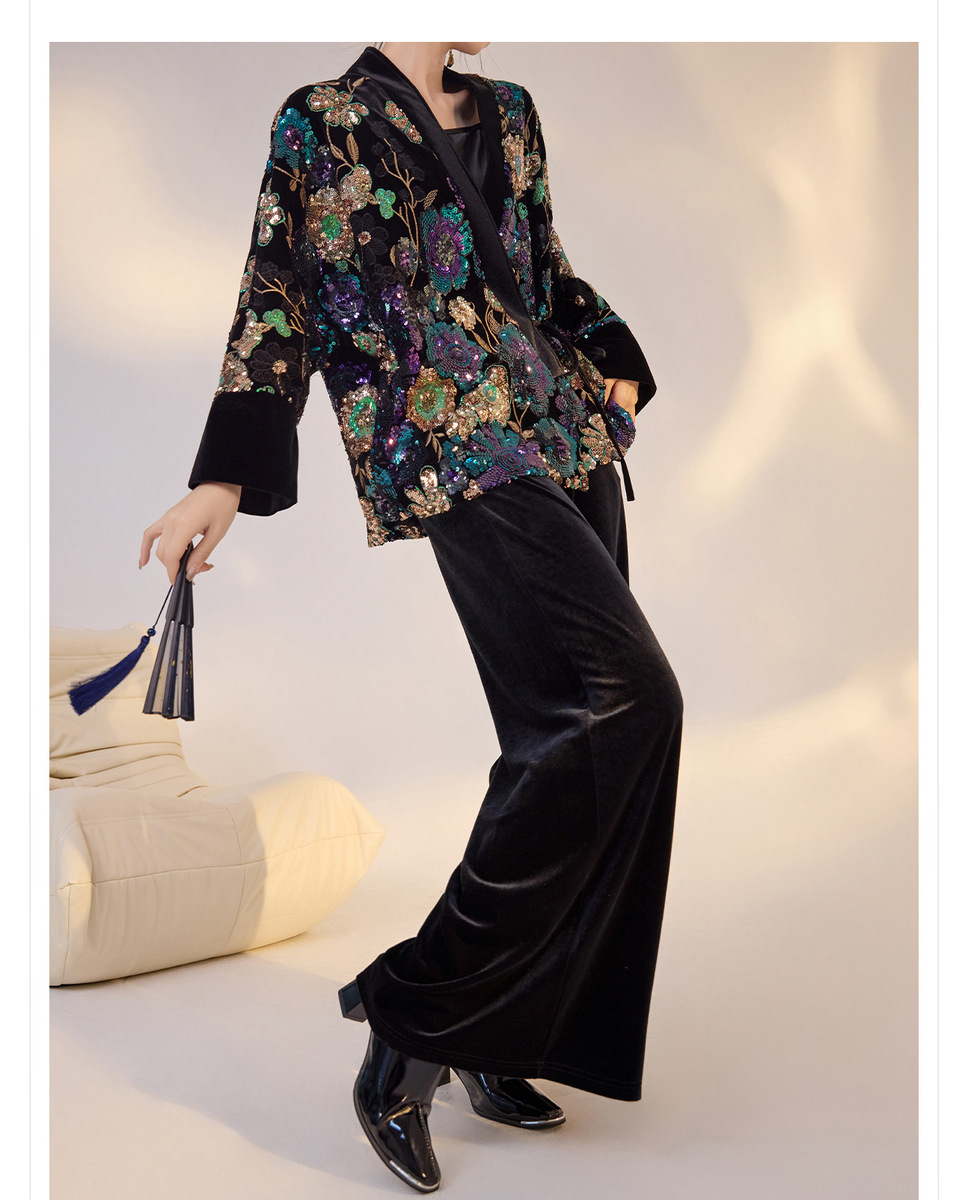 Áo khoác nữ thêu hoa đính sequin dáng ngắn cổ chữ V — Iris tím (giao hàng trong 7 ngày), Iris tím (phát hành cùng ngày)