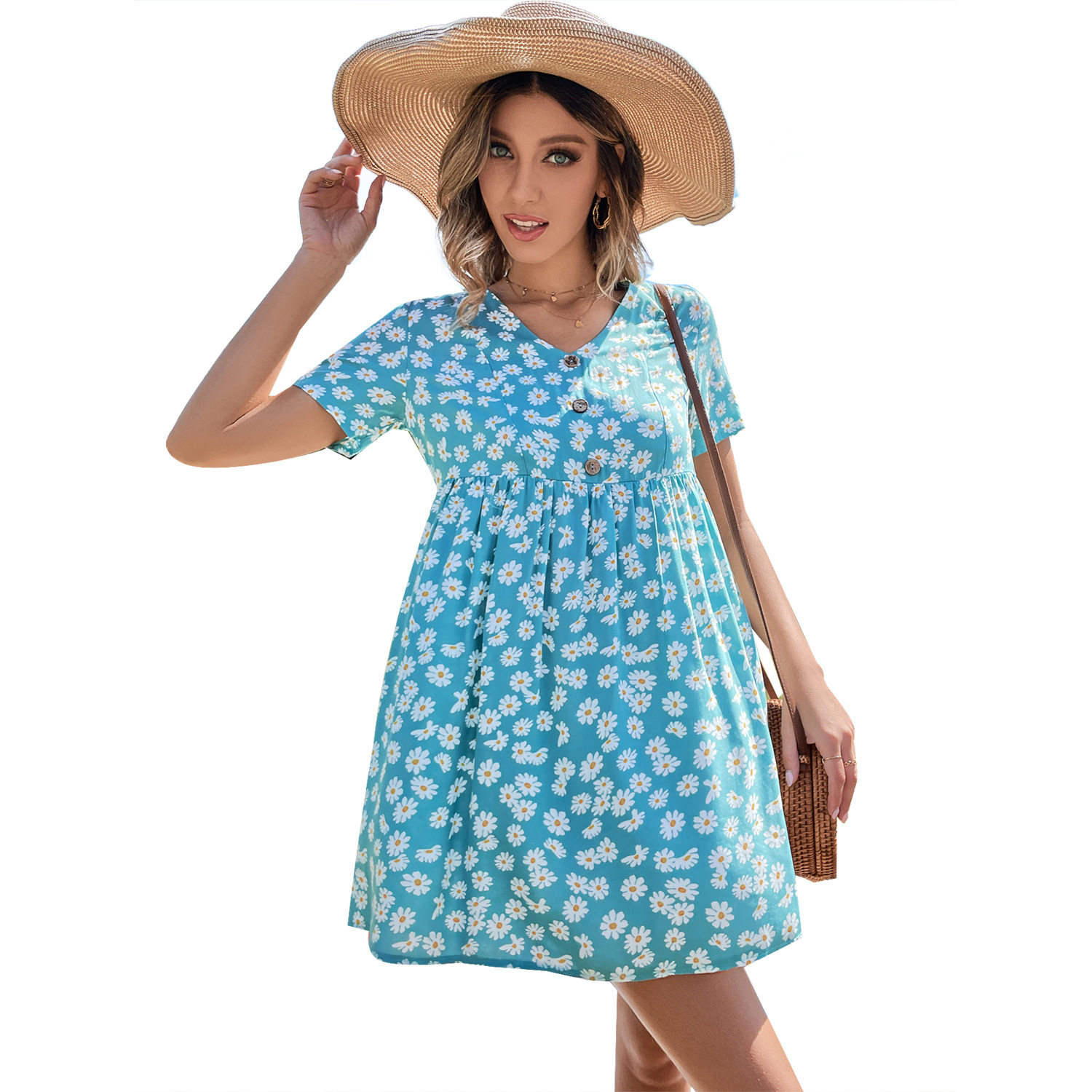 High Waist V Neck Floral Print Puff Sleeve Dress Casual Vacation Style Available in Multiple Sizes Wholesale Options