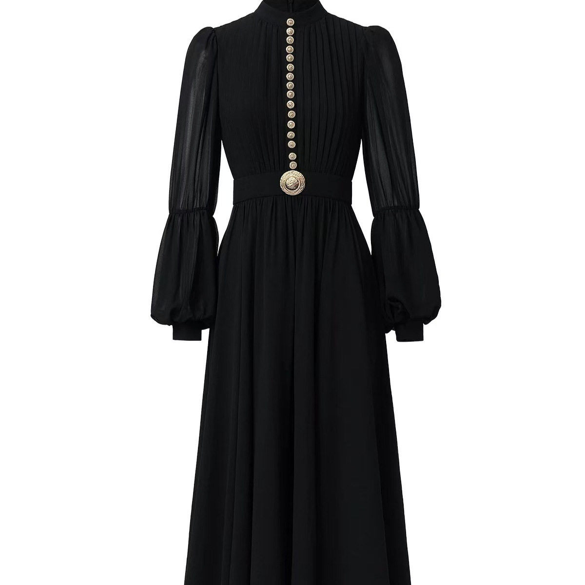 Elegant French Style Chiffon Dress Spring Collection Metallic Button Waist Defining Lantern Sleeves Perfect for