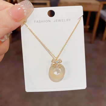 New Chinese Style Elegant Fashion Retro Bow Chalcedony Ring Necklace Niche Design Sense Light Luxury Simple Clavicle Chain