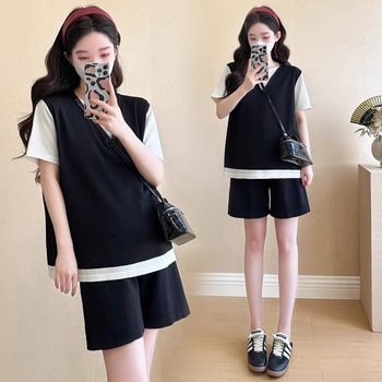 Maternity Tops, Summer Clothes, Korean Style Loose Belly-Covering Fake Two-Piece Short-Sleeved T-Shirts, Summer Suits, Pants, Two-Piece Suits, Western Style