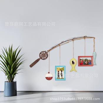 Wooden Photo Frame Home Wall Decorative Photo Frame Fishing Rod Shaped Decorative Pendant Office Living Room Bedroom Decor