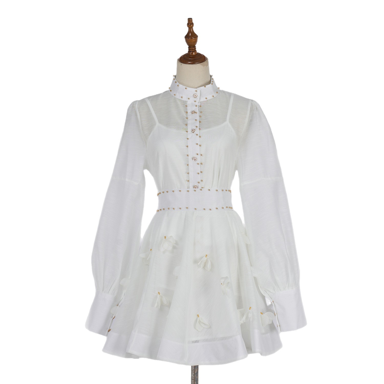 Long Sleeve Lantern Collar Button Up Shirt with Beaded Detail Waist Defining Fit A Line Mini Skirt Set for Spring Summer