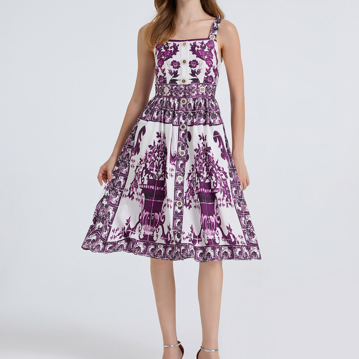 French Vintage Floral Maxi Dress for Women Sleeveless Waist Defined Button Down Elegant Summer Style Wholesale