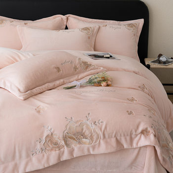 Thickened Milk Velvet Four-Piece Set, Winter Warm Duvet Cover, New Style French Velvet High-Weight Bed Sheet, Fitted Sheet for Bed Use