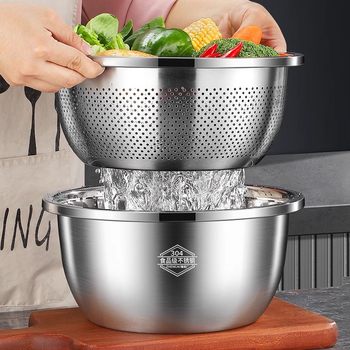 304 Stainless Steel Basin Vegetable Washing Basin Household Kitchen Draining Basket Soup Basin and Noodle Beating Egg Leakage Basin Rice Washing Fruit Basin