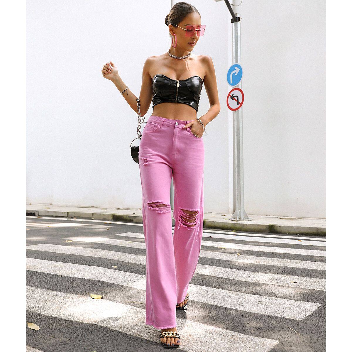 Fashionable Distressed Wide Leg Pants Loose Fit Straight Cut Spring Summer Style Wholesale Availability
