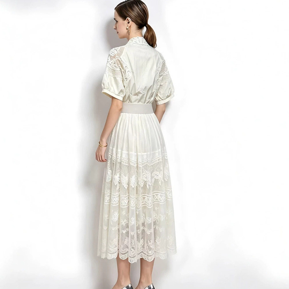 French Romantic Pink Hollow Lace Dress Summer A Line Waist Defined Elegant Style Perfect for Special Occasions