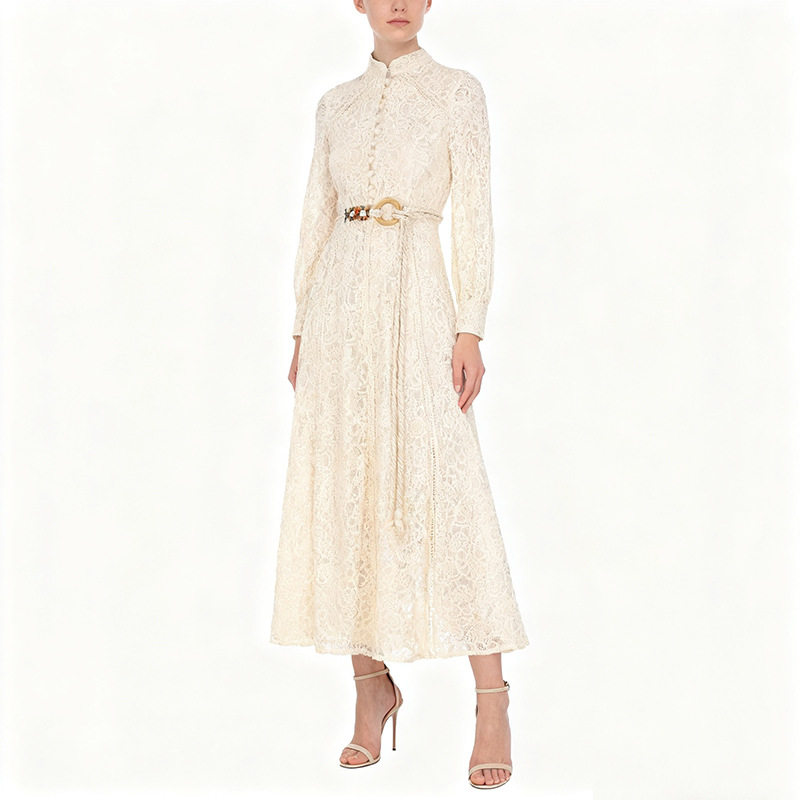 Elegant Red Lace A Line Dress Long Sleeve Waist Defined Spring Fashion Perfect for Office Wear Wholesale Available