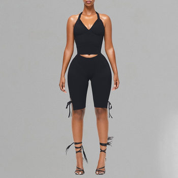 J25ST089 European and American style cross-border women's clothing spring and summer hanging neck tie rope strapless backless bow trousers solid color suit