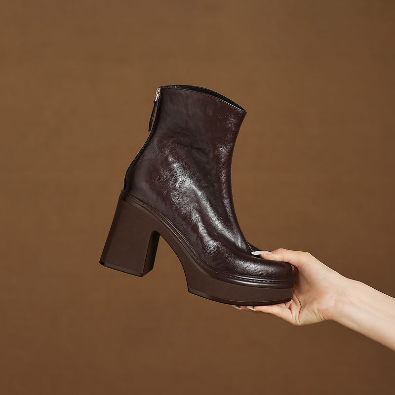 Boot nữ da bò gót thô 9,5cm cổ ngắn khóa kéo sau — Lớp lót đơn màu đen, Lớp lót đơn màu nâu đậm, Lót nhung đen, Lót nhung màu nâu đậm