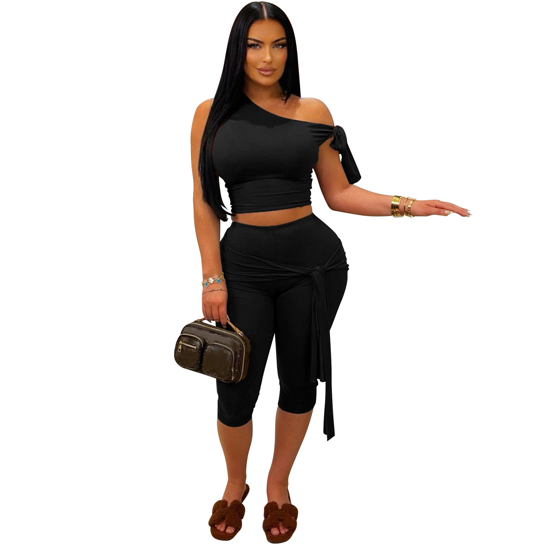 欧美女装2025夏季新款跨境斜肩绑带休闲时尚纯色套装