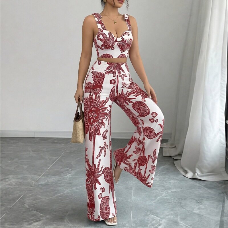 Womens Casual Plant Print Vest and Wide Leg Pants Set Spring Collection Vacation Wear Wholesale Available