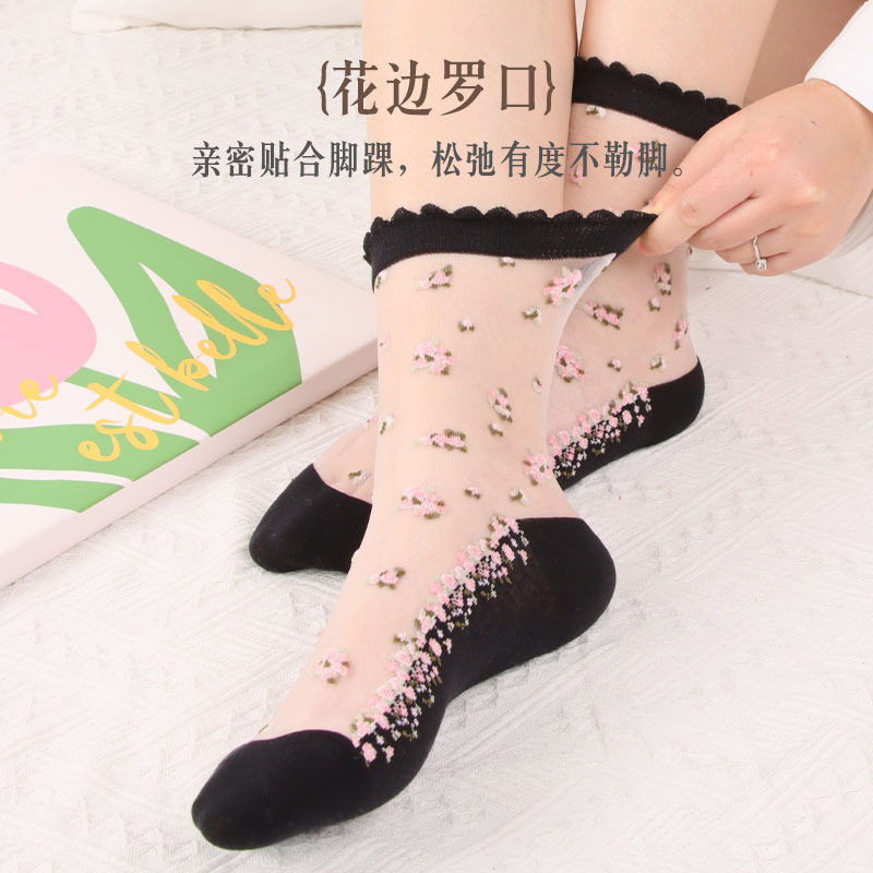 袜子女春夏新款女士玻璃丝袜棉底薄款水晶丝袜女中筒袜厂家批发