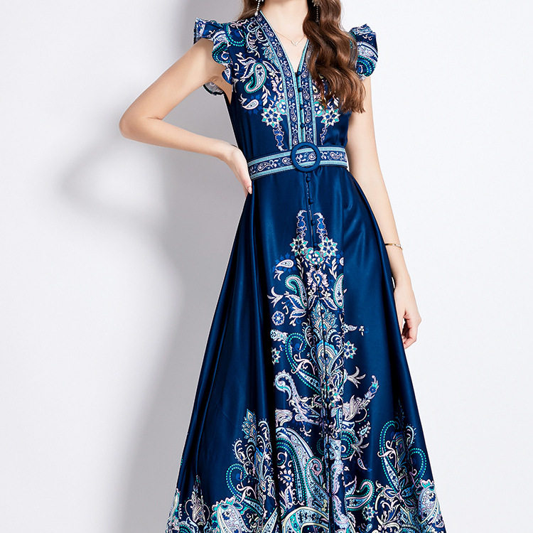 Vintage Inspired Elegant Floral Print Dress V Neck Lantern Sleeves Slim Fit Button Closure Perfect for Parties and