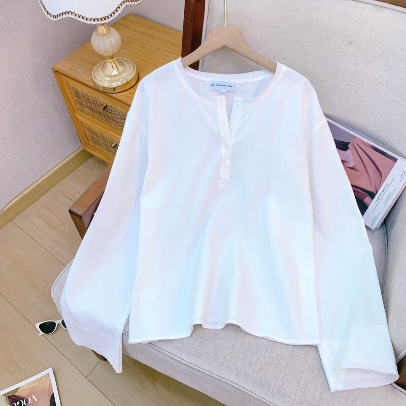 Bộ đôi sơ mi nữ tay loe chất liệu cotton lanh dáng ôm phong cách tối giản — Màu trắng