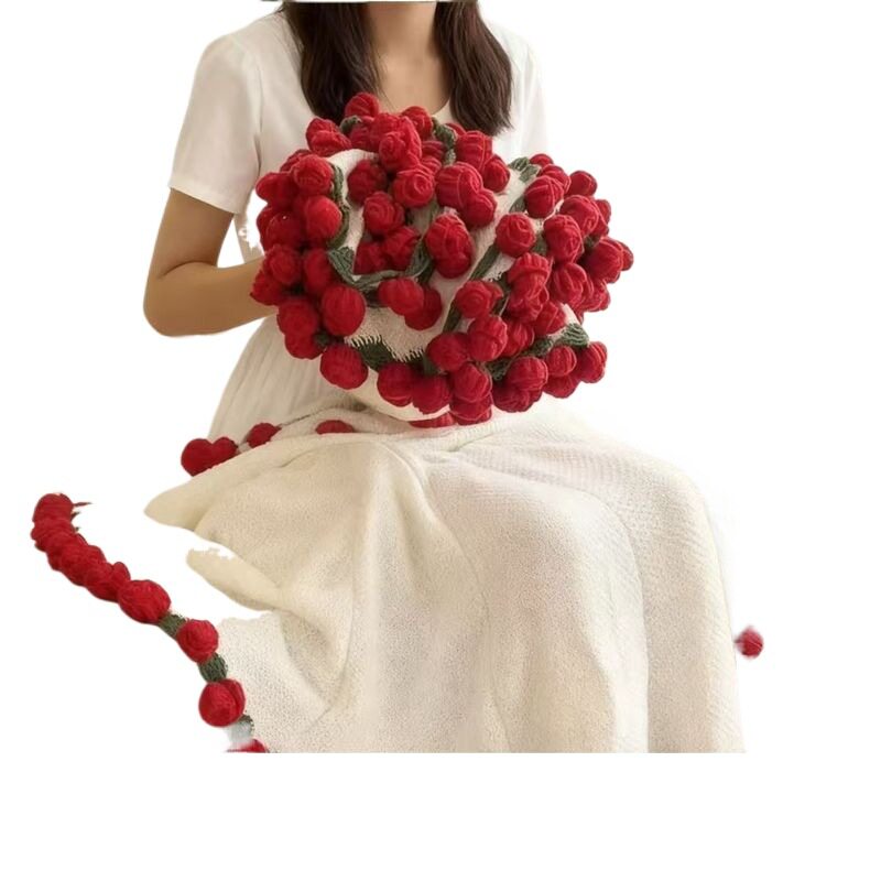 Ready-Made Rose Handmade Knitted Blanket Gift Knitted Blanket Valentine's Day Bouquet Girlfriend Best Friend Bouquet Blanket