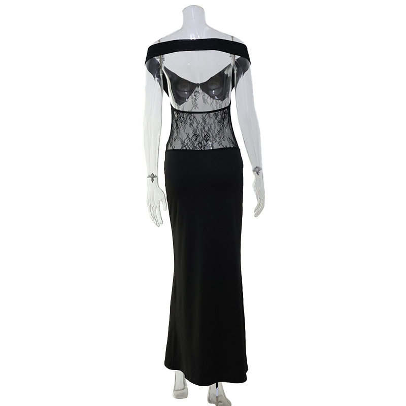 Black Lace Panel Bodycon Dress Off Shoulder Slim Fit Elegant Style Perfect for Parties and Special Occasions