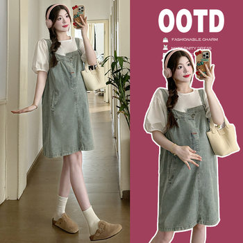 Maternity dress Denim suspender dress Summer 2024 retro sweet cool age-reducing dress milk series wear match suit