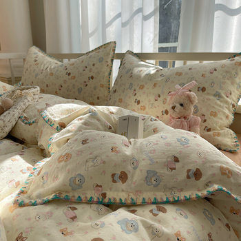 Cross-border Class A Mother and Child Shell Edge Cotton Aerobic Double-layer Yarn Four-piece Set Children's Cartoon Skin-friendly Pure Cotton Three-piece Set