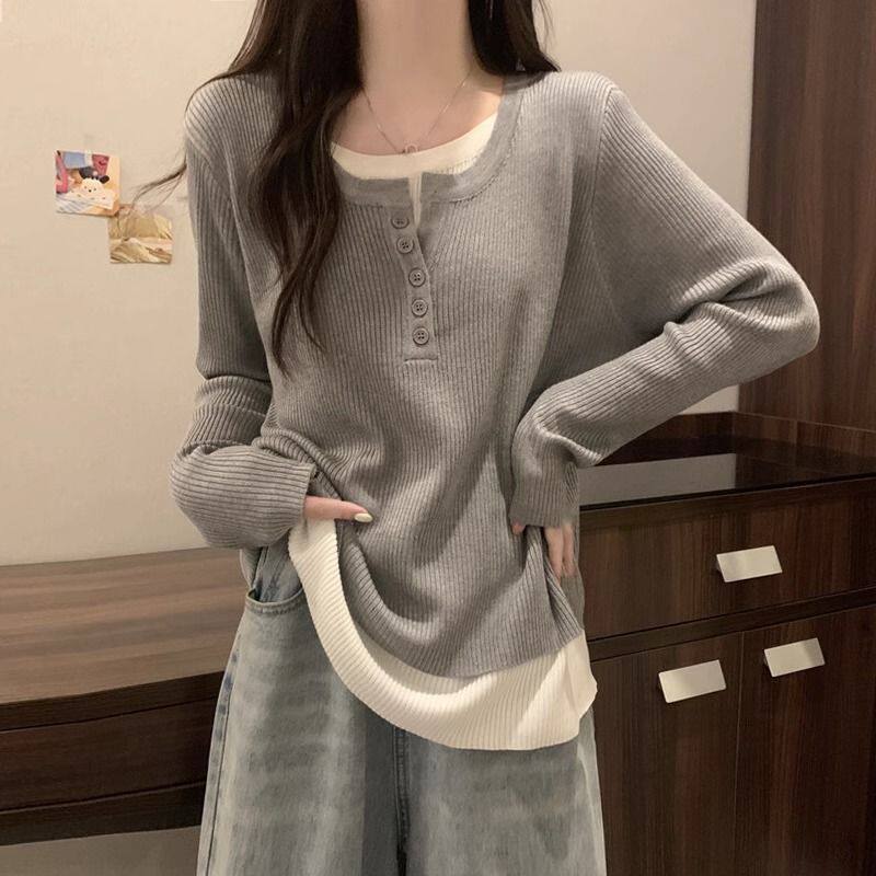 Gray Knit Two Piece Style Top for Women Loose Fit Long Sleeve Casual Layering Shirt Fall Winter Collection Wholesale