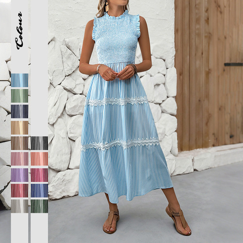 Summer Sleeveless Dress Sweet Lace Trim Striped Pattern Casual Style Perfect for Warm Weather Occasions Wholesale
