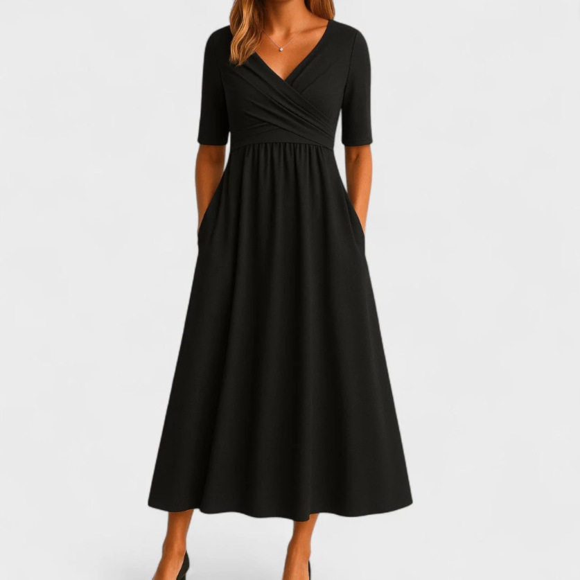 Elegant Womens Solid Color Maxi Dress V Neck Mid Sleeve Summer Style Available for Wholesale