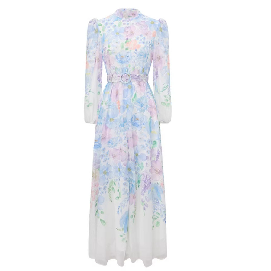 French Romantic Floral Long Sleeve Dress for Women Stand Collar Waist Tie Flattering A Line Perfect for Spring and