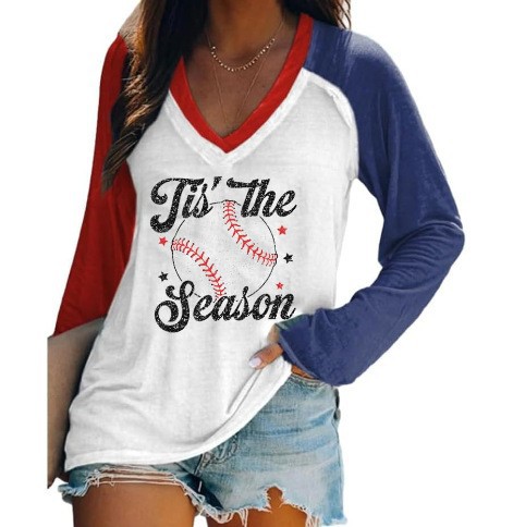 外贸跨境夏季女装简约休闲v领长袖T恤印花T恤女 独立站厂家货源