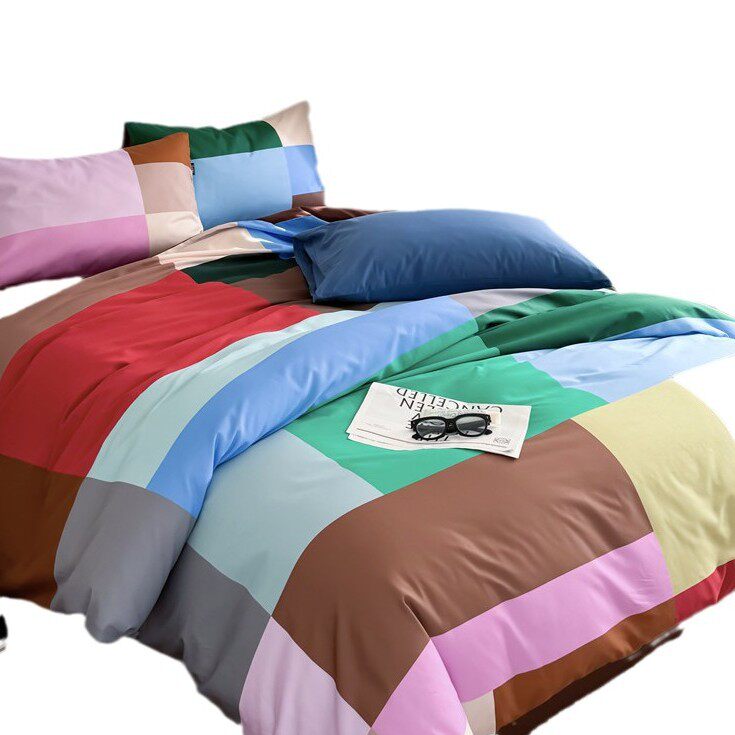 Color Bauhaus Fashion Simple Plaid Cotton Bed Four-Piece Set Cotton Bed Sheet Quilt Cover Bed Hat Double Bedding