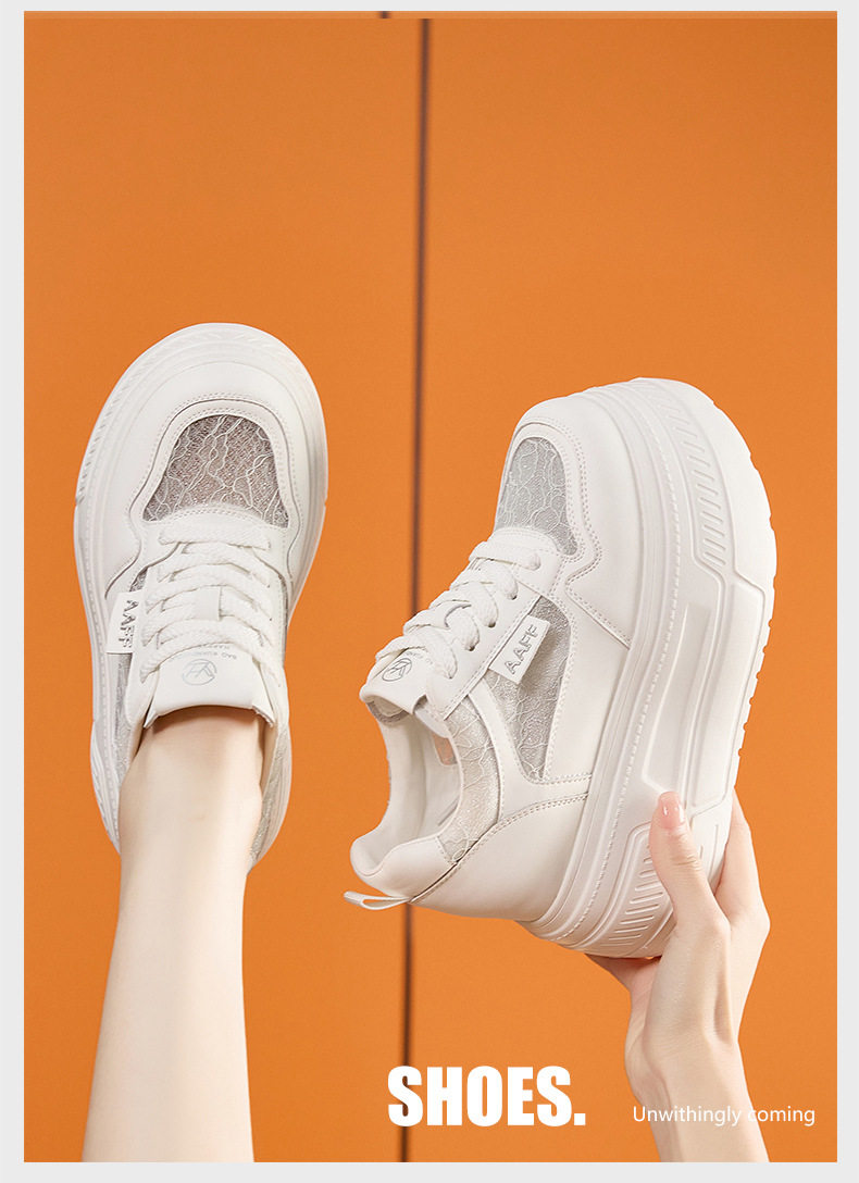 Giày platform nữ đế xuồng trắng thoáng khí, gót siêu cao 8 cm, mũi tròn, dây buộc phía trước — Xanh dương, Hồng, Xám, Trắng chi tiết 14