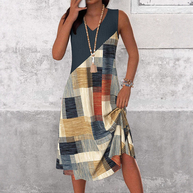 Casual Color Block Sleeveless V Neck Dress Summer Collection Versatile Womens Fashion Wholesale Available