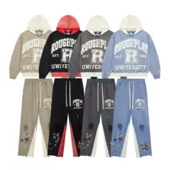 Cross-Border High-Quality Rough Play Trendy Brand Patchwork Graffiti Washed Distressed Embroidered Hoodie Sweatshirt and Sweatpants Set