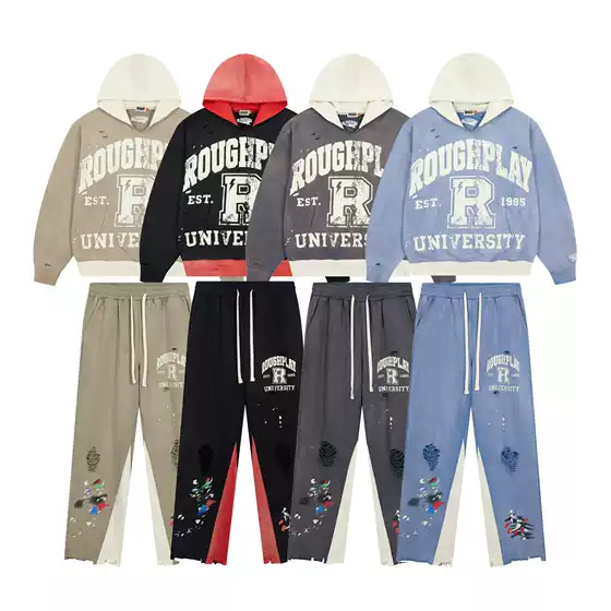 Cross-Border High-Quality Rough Play Trendy Brand Patchwork Graffiti Washed Distressed Embroidered Hoodie Sweatshirt and Sweatpants Set