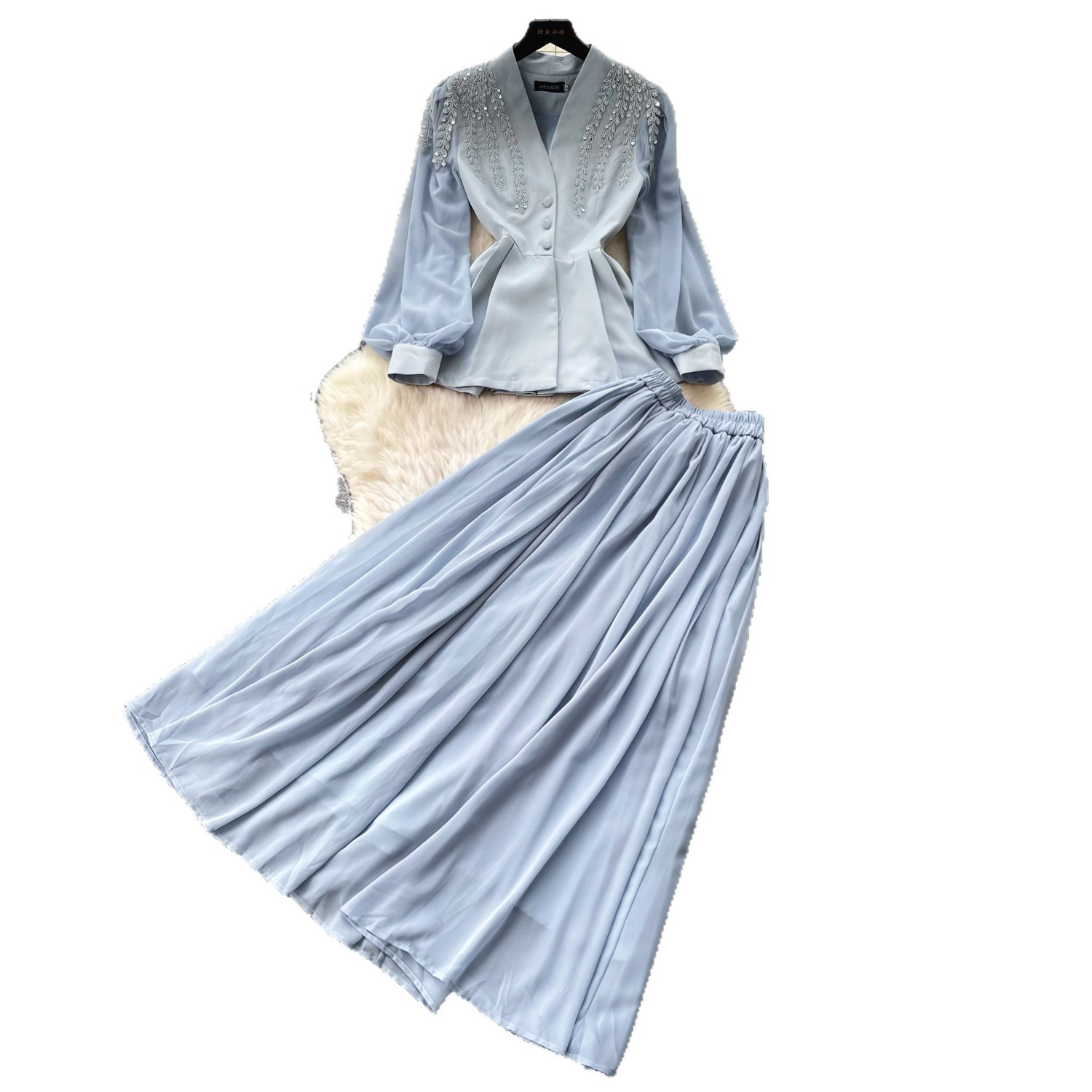 French Style V Neck Embroidered Jacket with High Waisted Pleated Skirt Elegant Lightweight Two Piece Set for Fall